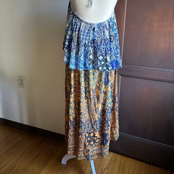 RAGA | Blue and Mustard Boho Tiered Midi Halter Neck Ruffle Sundress | Small - Picture 5 of 7